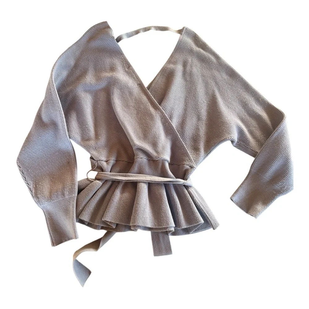 Zesica Wrap V Neck Batwing Sleeve Belted Waist Ruffle Peplum Knitted Sweater L - Picture 5 of 6